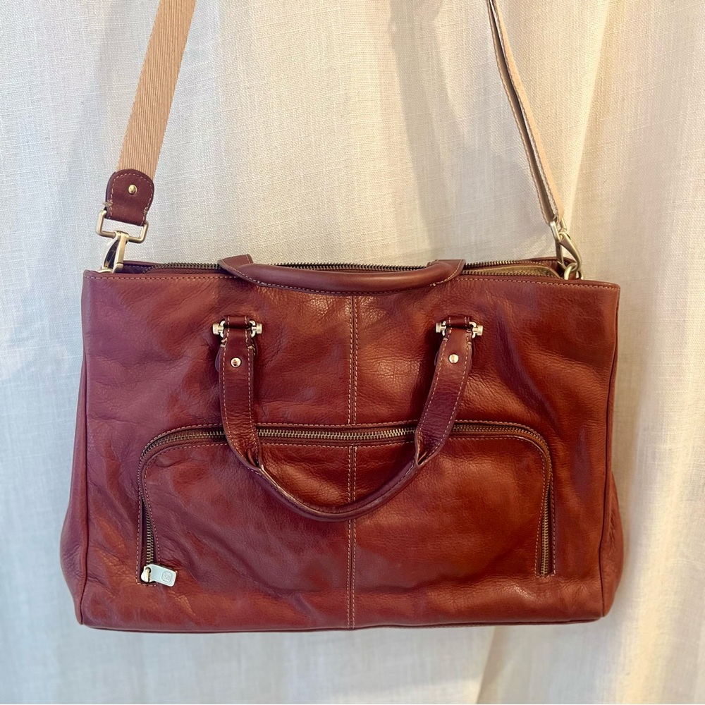 Cognac Genuine Leather Crossbody Satchel | Vintage Style Work Tote - Picture 2 of 12